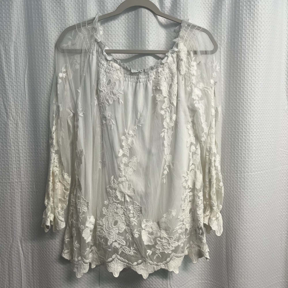Marled Ivory Lace Tunic Blouse Off Shoulder Fairy Feminine Romantic Large